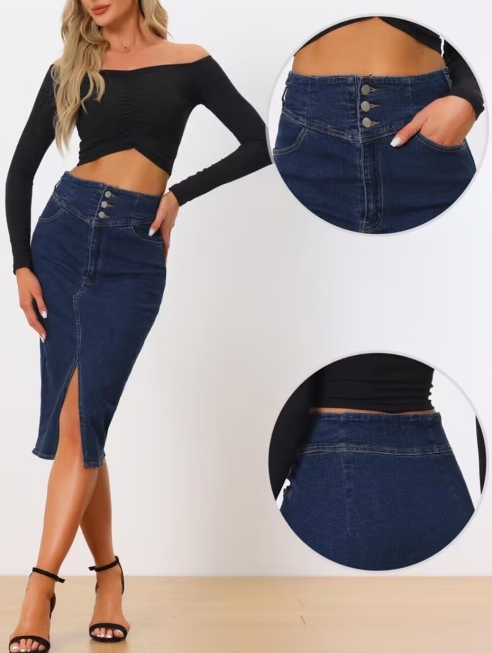 NWOT High-Waist Dark Blue Denim Midi Skirt with Front Slit